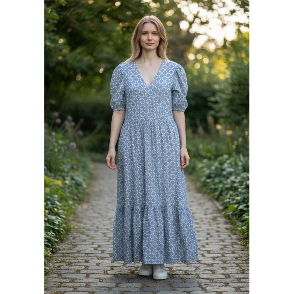 Paradis Womens Large Blue White Tile Print Tiered Maxi Dress Puff Sleeve